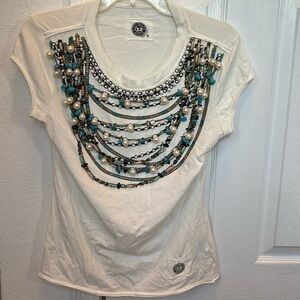 Double D Ranch Beaded Pearl & Turquoise Western Tee Shirt Size S